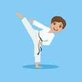 Boy In White Kimono Doing Leg Sidekick On Karate Martial Art Sports Training Cute Smiling Cartoon Character Royalty Free Stock Photo