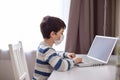 A boy in a white medical mask , sits behind a monitor with a laptop in room