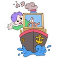 The boy who was riding the ship became the captain with joy, doodle icon image kawaii