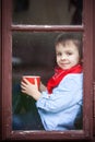 Boy on the window, laughing and drinking tea Royalty Free Stock Photo