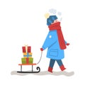 Boy in Winter Clothing Pulling a Sleigh with Christmas Present, Child Preparing for Christmas and Giving Present Vector