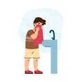 Boy wipes face with towel after washing, isolated cartoon vector illustration. Royalty Free Stock Photo