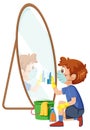 A boy wiping mirror by rag and spray