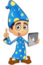 Boy Wizard In Blue - Holding A Tablet