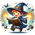 Boy with wizard costume hat and magical book illustration