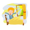 Boy woke up in bed. Child in pajamas yawns. Morning, sleep and Wake Royalty Free Stock Photo