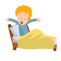 Boy woke up in bed. Child in pajamas yawns. Morning, sleep and Wake.