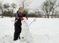 The boy is working diligently sculpts a snowman