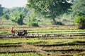 Boy working with a motor plow in rice fields