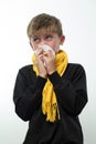 A boy wrapped in a scarf has a runny nose and blows his nose into a napkin. Royalty Free Stock Photo