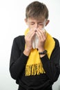 A boy wrapped in a scarf has a runny nose and blows his nose into a napkin. Royalty Free Stock Photo