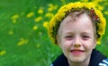 Boy in a wreath of dandelions in a blooming meadow and bright red butterfly. summer concept. copy space Royalty Free Stock Photo