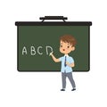 Boy writing english letters on blackboard, elementary school student in uniform vector Illustration on a white Royalty Free Stock Photo