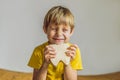 A boy, 6 years old, holds a box for milk teeth. Change of teeth Royalty Free Stock Photo