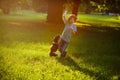 Boy of 8-9 years plays with his black and white dog on the lawn in the park. Royalty Free Stock Photo