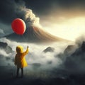 A boy in a yellow jacket with a red balloon against the backdrop of a flaming volcano. generative AI