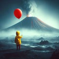 A boy in a yellow jacket with a red balloon against the backdrop of a flaming volcano. generative AI