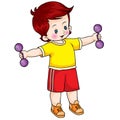 Boy in yellow t-shirt doing exercises with two dumbbells, isolated object on white background, vector illustration