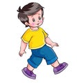 a boy in a yellow t-shirt walks fervently, cartoon illustration, isolated object on white color, vector illustration