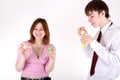 Boyfriend and girlfriend blowing soap bubbles