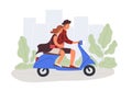 Boyfriend and girlfriend riding scooter flat vector illustration. Male and female cartoon characters on romantic date Royalty Free Stock Photo