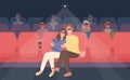 Boyfriend and girlfriend sitting in stereoscopic movie theater or cinema hall. Young man and woman in 3d glasses