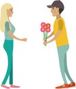 Boyfriend giving flower to girlfriend vector icon isolated on white