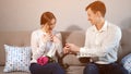 Boyfriend proposing, giving wedding ring to beloved girl. Royalty Free Stock Photo