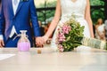 Boyfriends on their wedding day holding hands romantically Royalty Free Stock Photo