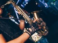 Boys Band saxophone section at event , jazz player male playing on Saxophone, music instrument played by man saxophonist Royalty Free Stock Photo