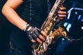 Boys Band saxophone section at event , jazz player male playing on Saxophone, music instrument played by man saxophonist Royalty Free Stock Photo