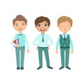 Boys In Blue Outfits Happy Schoolkids In Similar Collection School Uniforms Standing And Smiling Cartoon Character Royalty Free Stock Photo