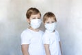Boys-brothers in medical masks. Coronavirus, disease, infection, quarantine, medical mask, COVID-19. Quarantine and protection