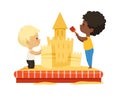 Boys building sand castle. Children play together, multicultural friendship concept. Isolated cartoon kids vector Royalty Free Stock Photo