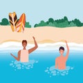 Boys cartoons with swimsuit in the sea in front of the beach with shrubs vector design