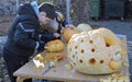 Boys carved Halloween pumpkins
