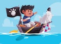 boys and cat kitten pirates sailing inboat inopensea water play character captain with black flag Royalty Free Stock Photo