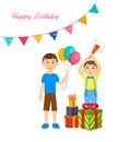 The boys celebrate birthday together with presents and poppers. Royalty Free Stock Photo
