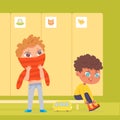 Boys changing clothes in school locker room interior, cute kids wearing sweater and shoes