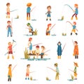 Boys Character in Fisherman Boots with Angling Rod Fishing Big Vector Set