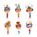 Boys Character in Steampunk Headgear with Satellite and Antenna Vector Set