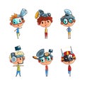 Boys Character in Steampunk Headgear with Satellite and Antenna Vector Set