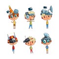 Boys Character in Steampunk Headgear with Satellite and Antenna Vector Set