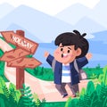 Boys children trecking walking traila outdoor summer adventure holiday finding road rute sign drawing cartoon