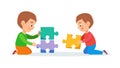 Boys Collaborating to Connect Puzzle Pieces, Problem-Solving Fun, vector design Generative AI Royalty Free Stock Photo