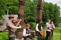 Boys country band play folk music with instruments Royalty Free Stock Photo