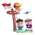 Boys eating krupuk competition and kids climbing panjat pinang play remote control drone toys with Indonesia flag Royalty Free Stock Photo