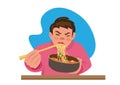 Boy enjoying noodles and hot soup The characters hurried to eat because they were hungry. flat style cartoon vector illustration