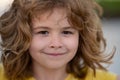 Boys face closeup, happy faces. Funny child face close up. Kids head portrait. Closeup eyes of blonde kid. Funny kids Royalty Free Stock Photo