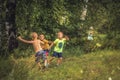 Boys fighting over girls outdoors in forest countryside childhood lifestyle Royalty Free Stock Photo